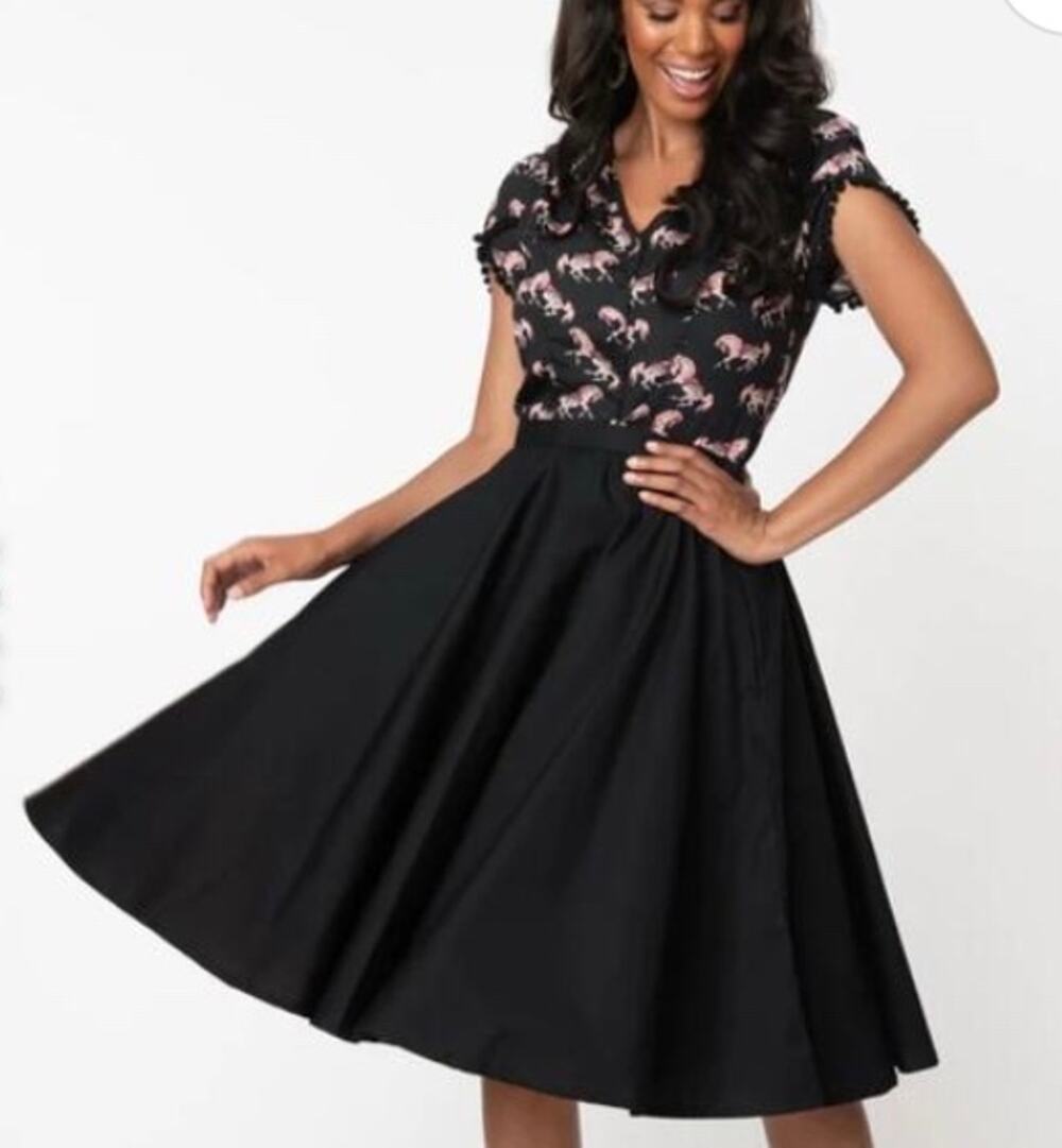New! Unique Vintage Magnolia Place Black Sally High Waist Swing Skirt  L#65
